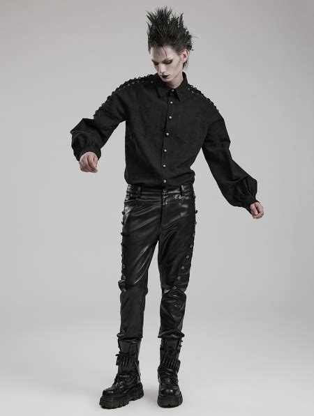 Black Gothic Punk Pu Leather Slim Fitted Pants For Men Devilnight Co Uk