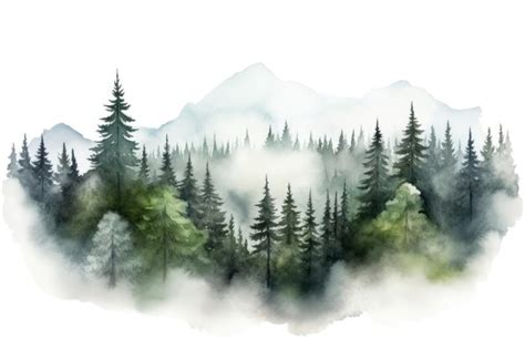 Watercolor Foggy Forest Landscape Illustration Nature Outdoors Woodland