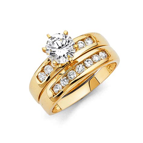 Fb Jewels 14k Yellow Gold Cubic Zirconia Cz Ladies Wedding Band And Engagement Bridal Ring Two