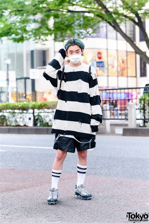 HarajukuFashion w/ Green Hair, Faith Tokyo Oversized Striped Sweater, Zara Leather Shorts, Nike ...