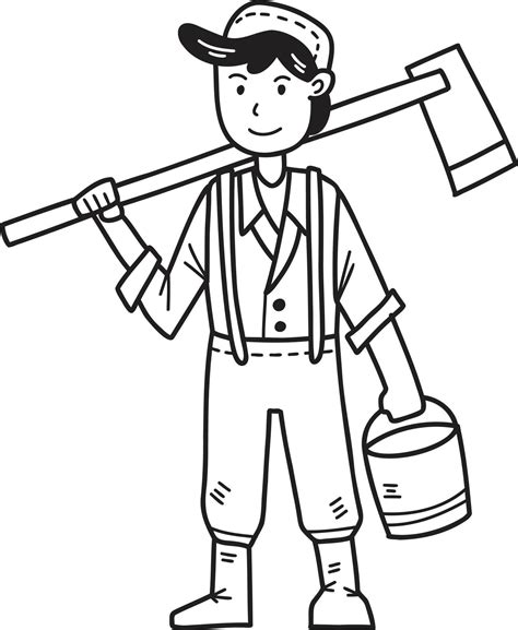 Hand Drawn Male Farmer Holding A Hoe Digging The Ground Illustration