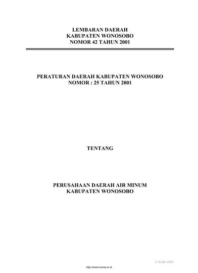 Lembaran Daerah Kabupaten Wonosobo Nomor 42 Tahun 2001 Peraturan Daerah