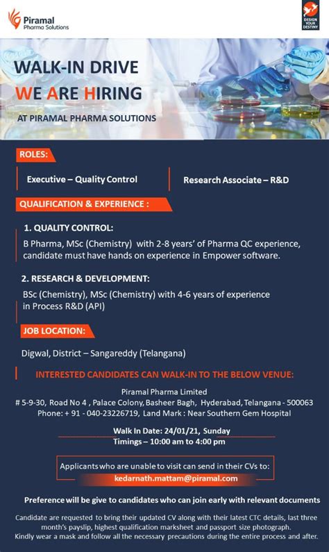 Piramal Pharma Limited Walk In Interviews For Quality Control R D