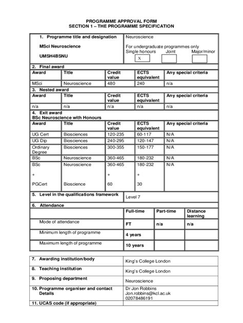 Fillable Online Msci Neuroscience Programme Approval Form Fax Email