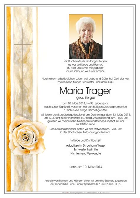 Todesanzeige Maria Trager Trauer Link