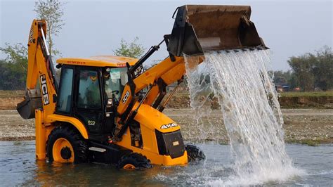 Amazing Two Jcb Backhoe Machine Washing In River Jcb Operator