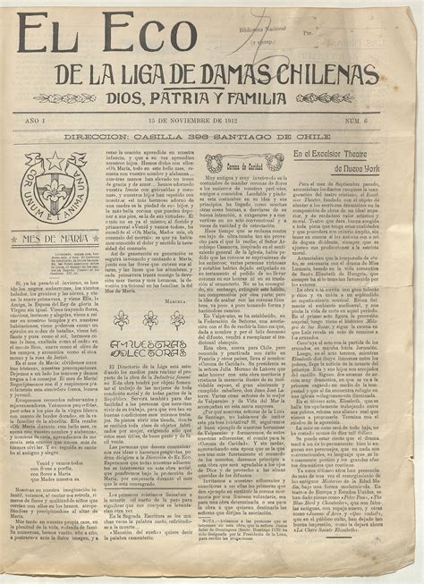 El Eco De La Liga De Damas Chilenas Año 1 Número 6 Noviembre De 1912