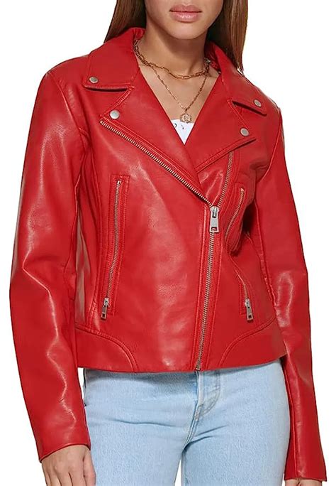 Womens Asymmetrical Zipper Red Faux Leather Jacket