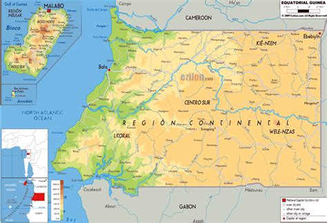 Large Physical Map Of Equatorial Guinea With Roads Cities And Airports