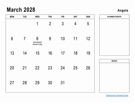 March Planner With Angola Holidays