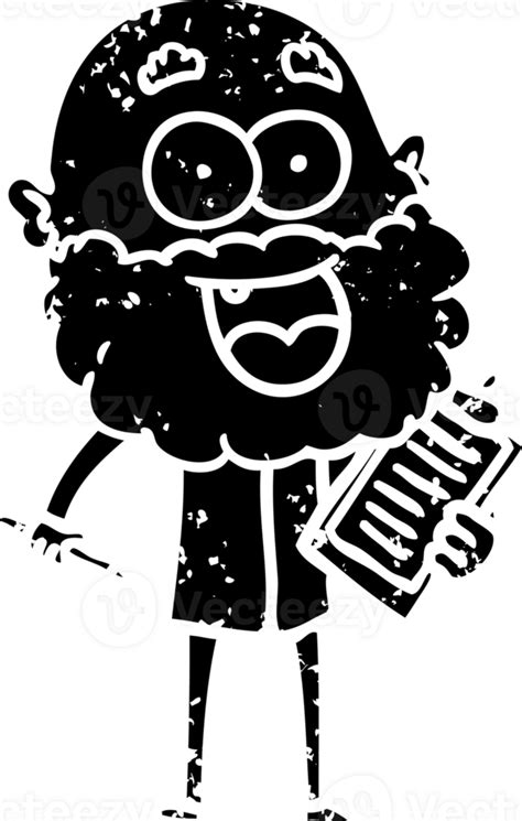 Cartoon Crazy Happy Man With Beard And Clip Board For Notes Distressed