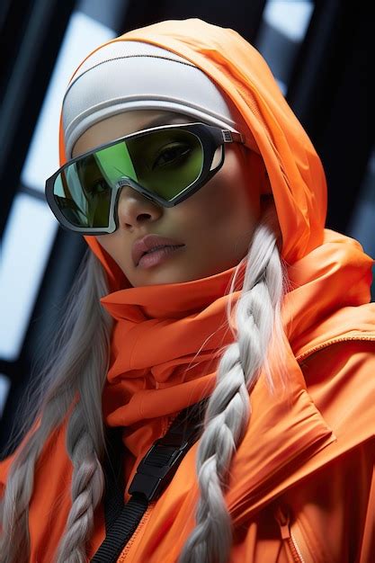 Premium Ai Image A Woman Wearing An Orange Hoodie And Sunglasses