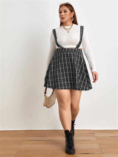 Plus Plaid Print Suspender Skirt Without Top Shein Usa