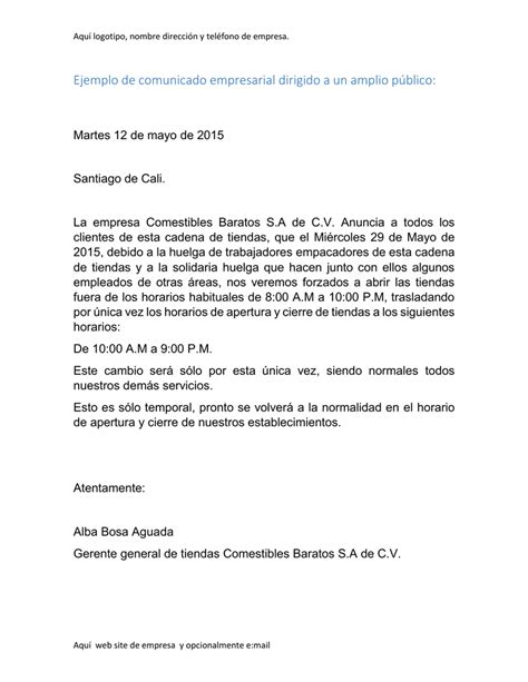 Ejemplo De Comunicado Empresarial Dirigido A Un Amplio P Blico