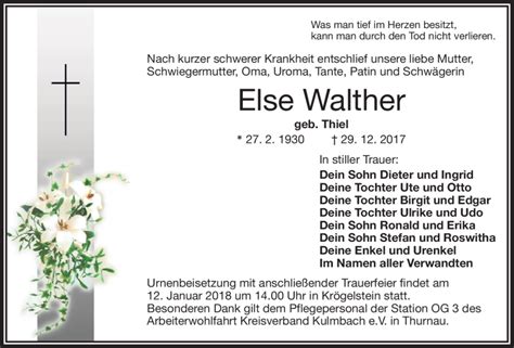 Traueranzeigen Von Else Walther Nordbayerischer Kurier