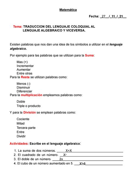 Traduccion Del Lenguaje Coloquial Al Lenguaje Algebraico Y Vicevesa