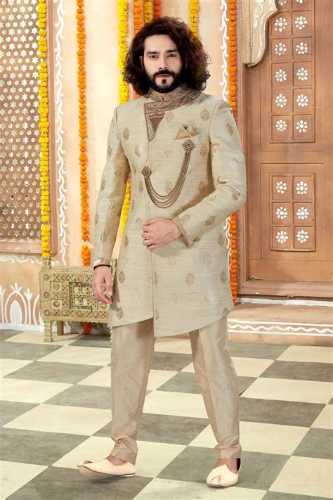 Buy Cream Banarasi Silk Sherwani NMK 4299 Online