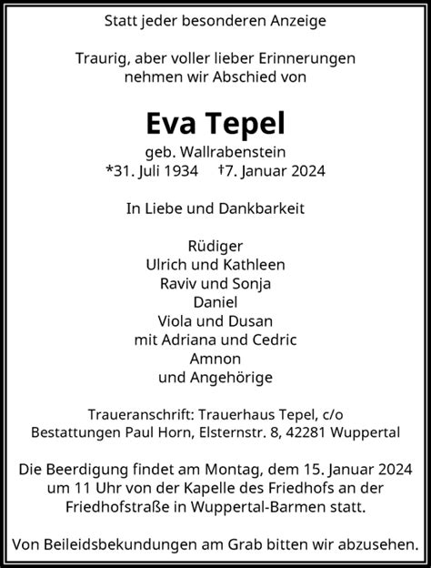 Traueranzeigen Von Eva Tepel Trauer Und Gedenken