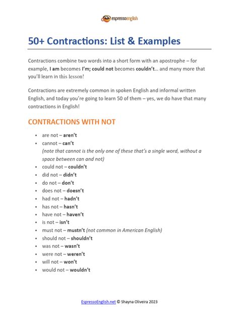 Free-PDF-50-Contractions-List-and-Examples | PDF | Verb | Linguistics