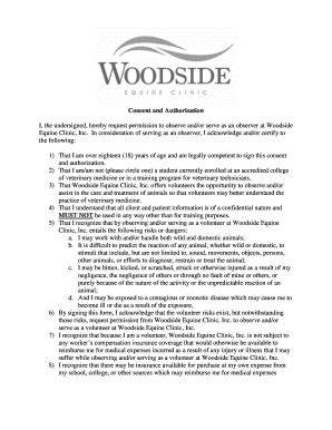 Fillable Online Consent And Authorization Woodside Equine Clinic Fax