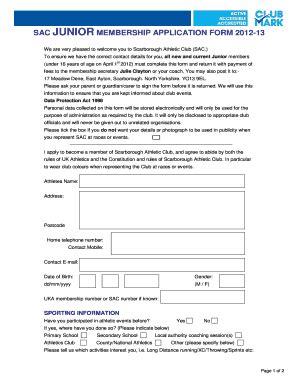 Fillable Online Junior Membership Form Scarborough Athletic Club Fax