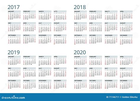 Calendar For 2017 2018 2019 2020 Week Starts Sunday Simple Vector