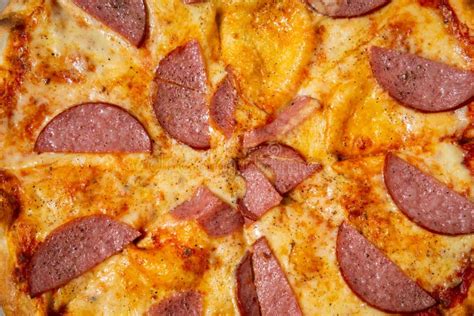 Pizza Pepperoni Close Up With Salami Sausage And Cheese Stock Image