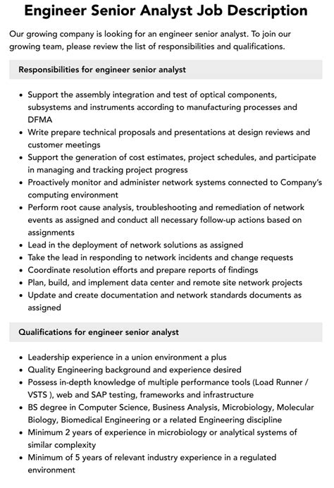 Engineer Senior Analyst Job Description Velvet Jobs