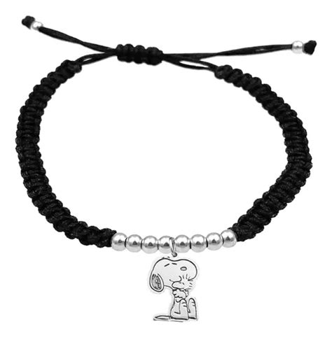 Pulsera Bolitas Snoopy Sentado Chico Plata 925 Negra Cuotas sin interés