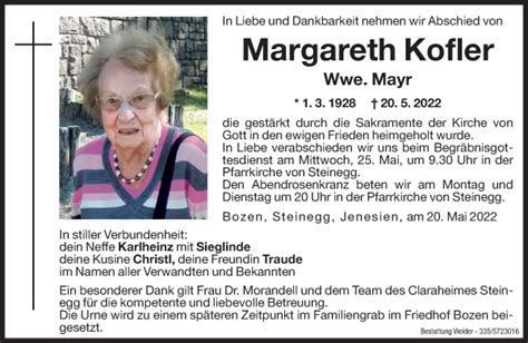 Traueranzeigen Von Margareth Mayr Trauer Bz