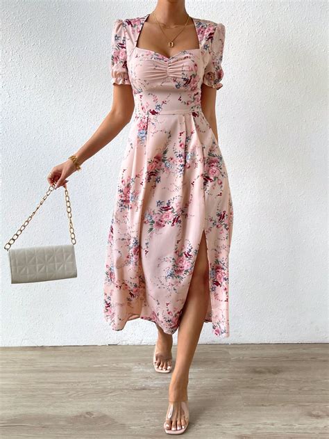 Shein Privé Floral Print Sweetheart Neck Puff Sleeve Split Thigh Dress