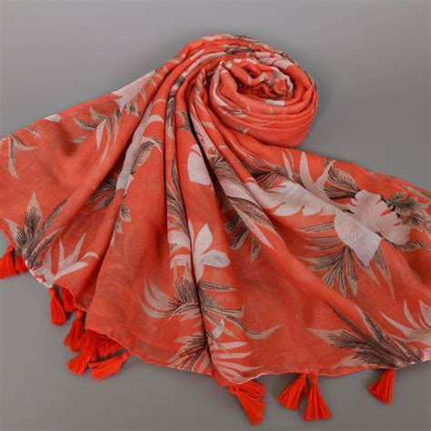 Women Floral Print Viscose Cotton Shawls Pashmina Tassels New Design