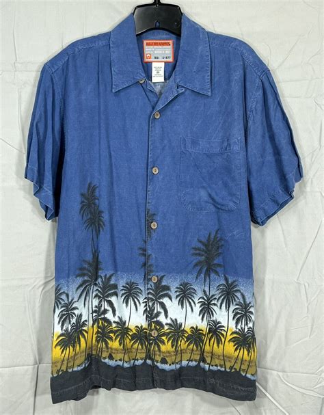 BUGLE BOY Survivor Apparel BLUE Challis BEACH PALM TREE Button Up MEN S