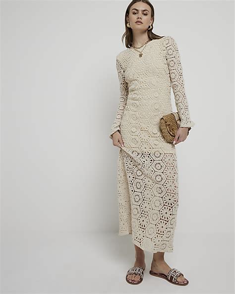 Cream Flower Crochet Bodycon Maxi Dress River Island