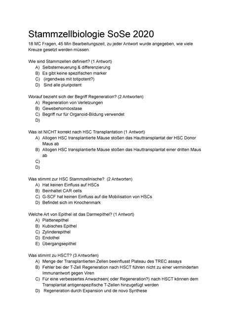 Stammzellbio Alktklausur So Se 2020 Stammzellbiologie SoSe 2020 18 MC