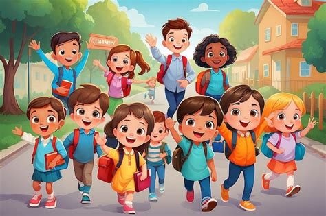 Crianças bonitas voltando para casa da escola Ilustração vetorial