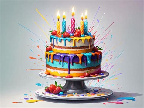 Premium AI Image A Birthday Cake With Colorful Icing And Lit Candles