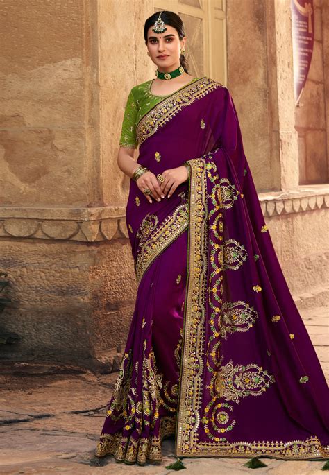 Purple Satin Georgette Festival Wear Saree