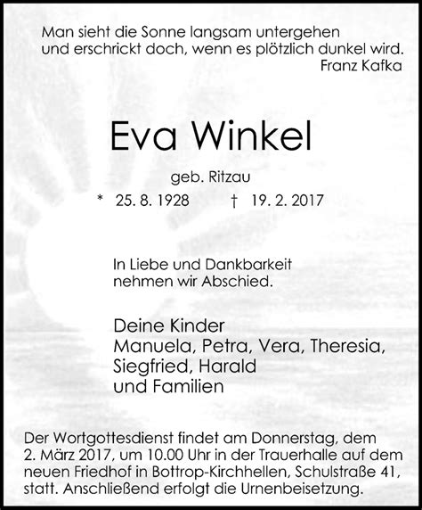 Traueranzeigen Von Eva Winkel Trauer In NRW De