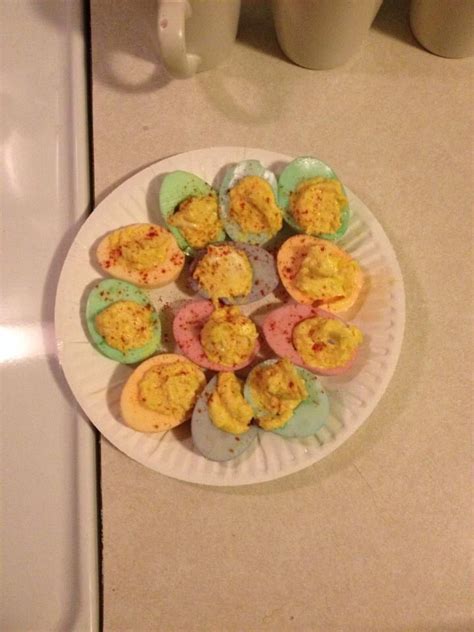 Colored Deviled Eggs Instead Of Coloring The Shells Dip The Un Shelled And Un Yoked Egg In The