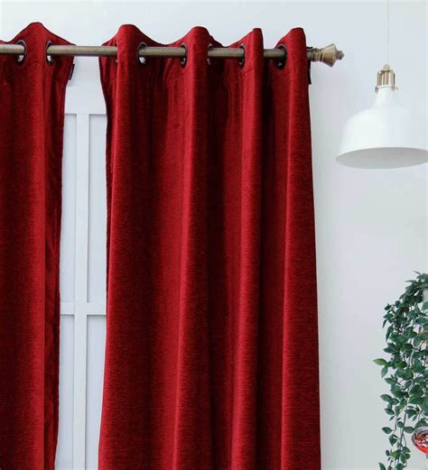 Buy Red Solid Polyester 9 Ft Blackout Eyelet Door Curtain By Ariana At