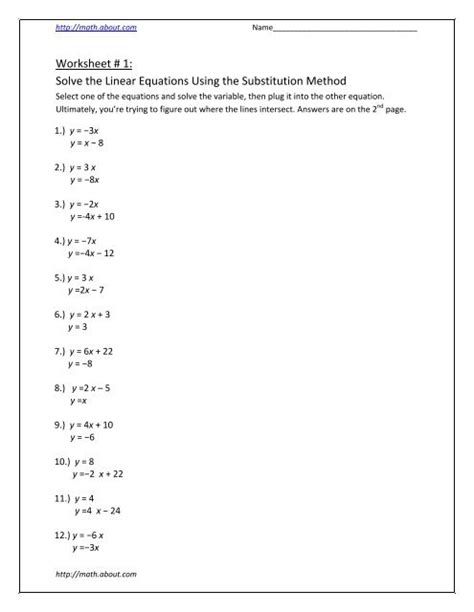 Solving Linear Equations Using Substitution Worksheets Equations