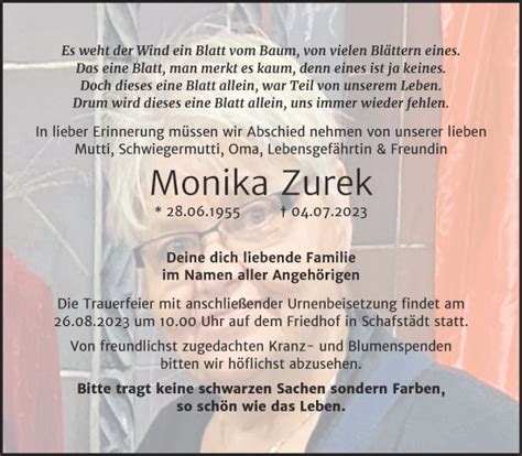 Traueranzeigen Von Monika Zurek Abschied Nehmen De