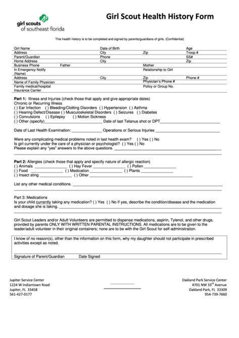 Girl Scout Health History Form 28B