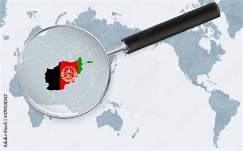 Asia centered world map with magnified glass on Afghanistan. Focus on ...