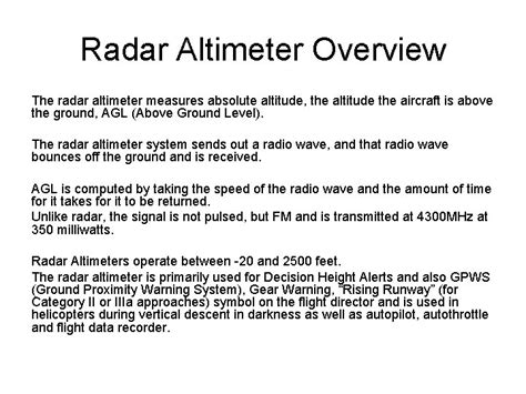 Chapter 15 Radio Altimeter RA Radar Altimeter Overview