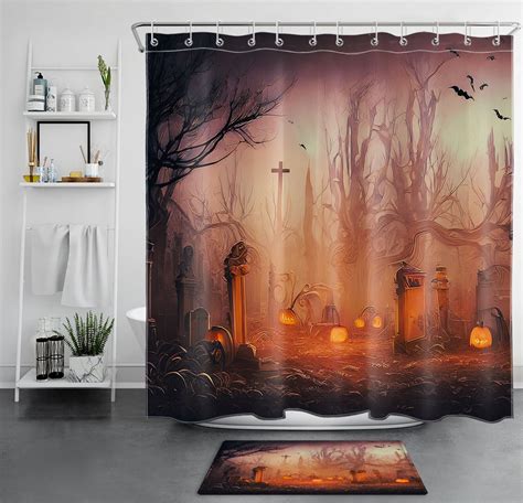 Spooky Halloween Shower Curtain With Haunted Graveyard Design