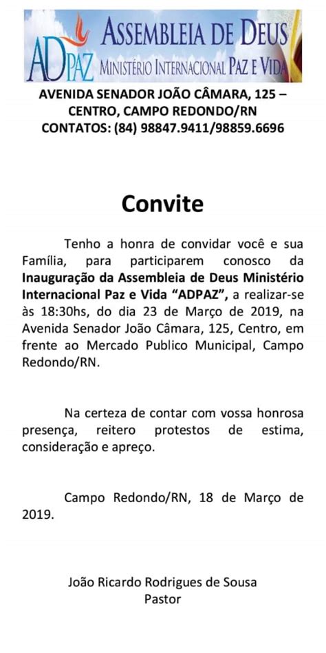 RÁdio ComunitÁria De Campo Redondo Convite De InauguraÇÃo Da Igreja