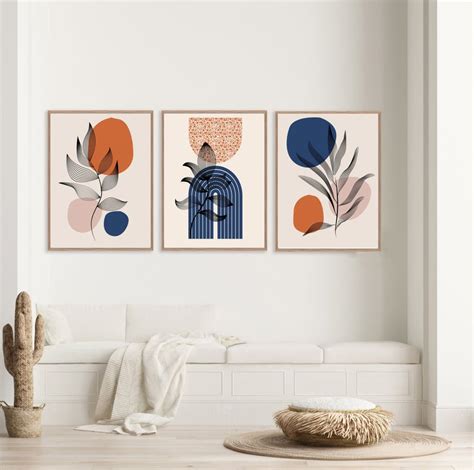 Boho Print Blue Gallery Wall Art Set Of 3 Navy Blue Geometric Wall Art