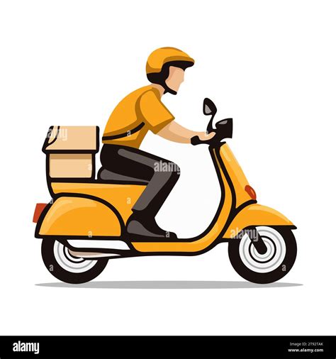 Delivery Man Riding A Yellow Scooter Isolated On White Background Food